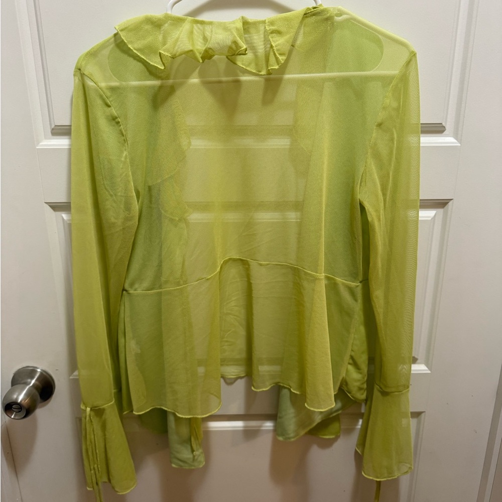Light Green Ruffle Open-Front Women's Cardigan - Picture 3 of 4